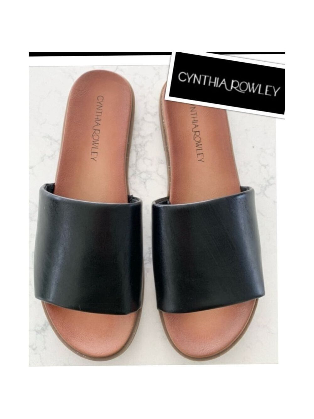 Cynthia Rowley Boho Biker Chic Black Leather Slides / Flates size 6.5